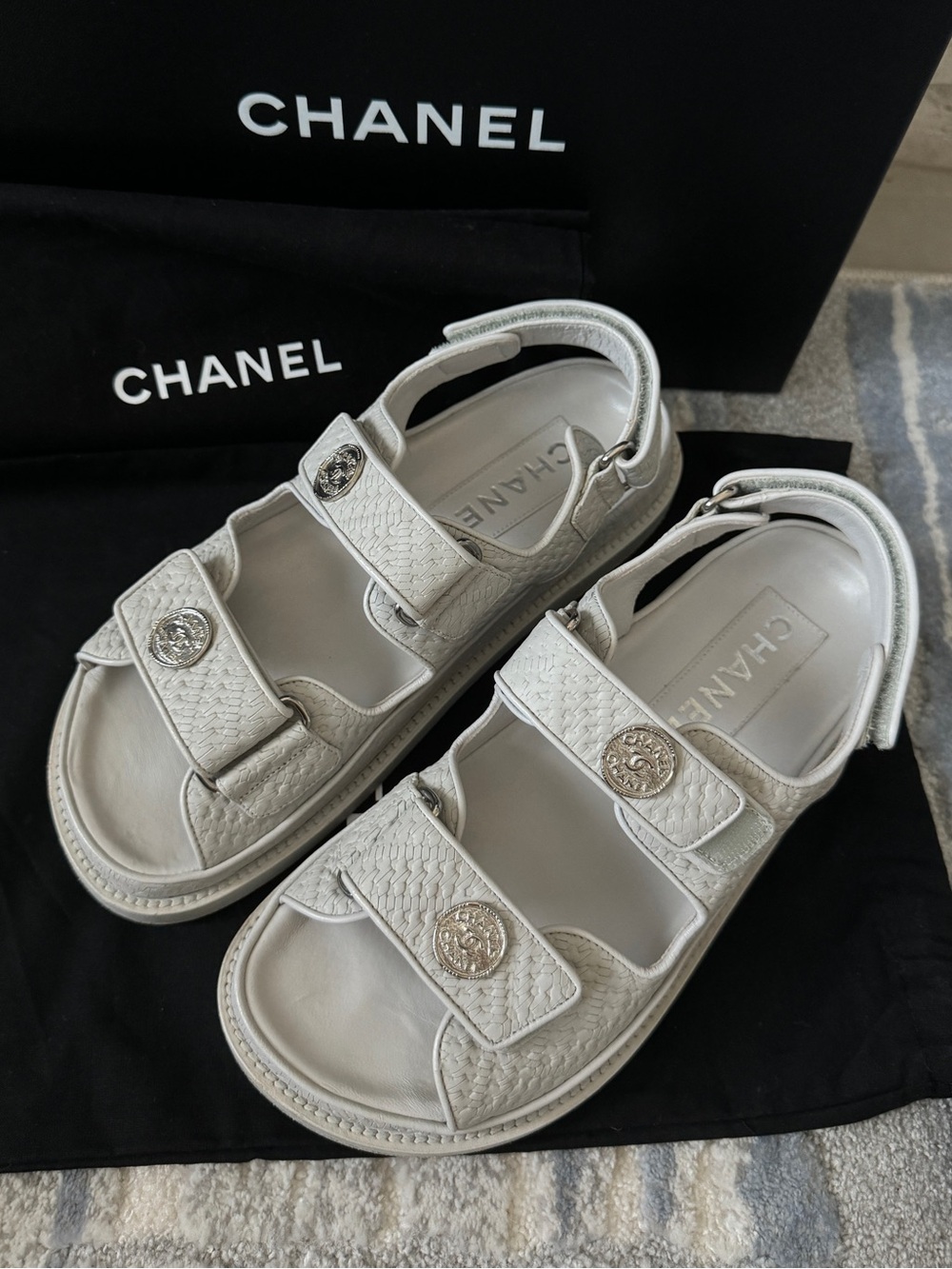 Chanel Light Grey Leather Dad Sandals Silver CC Medallion Buttons